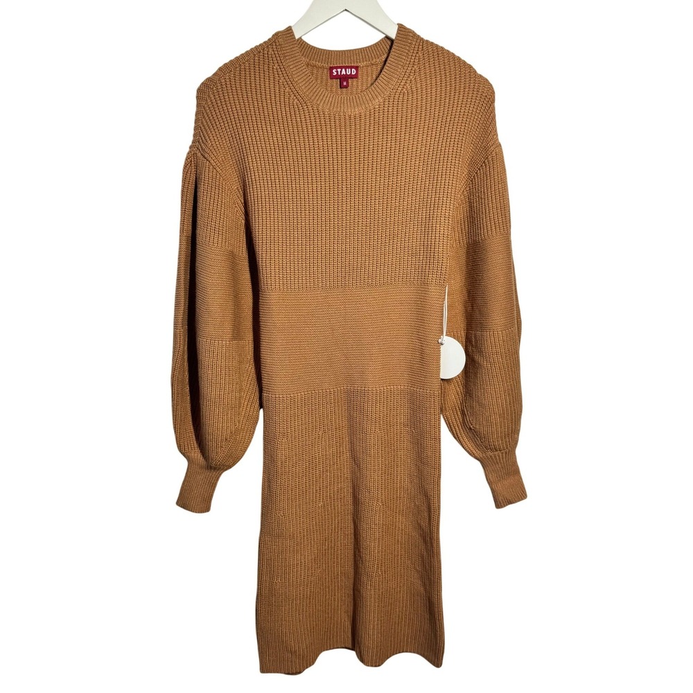 STAUD Camel Brown Ribbed Knit Puff Sleeve Mini Dress Size M